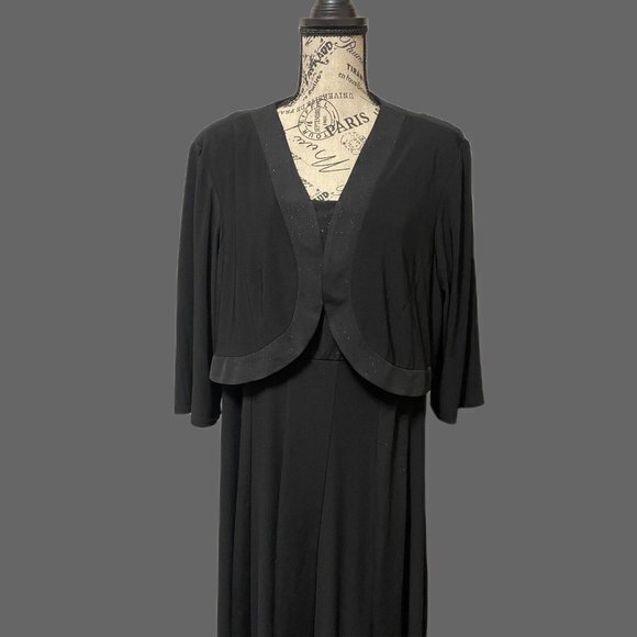 Sparkly Black R&M 2 Piece‎ Bolero Panel Long Flare Hem Gown Dress w Jacket - Picture 1 of 9